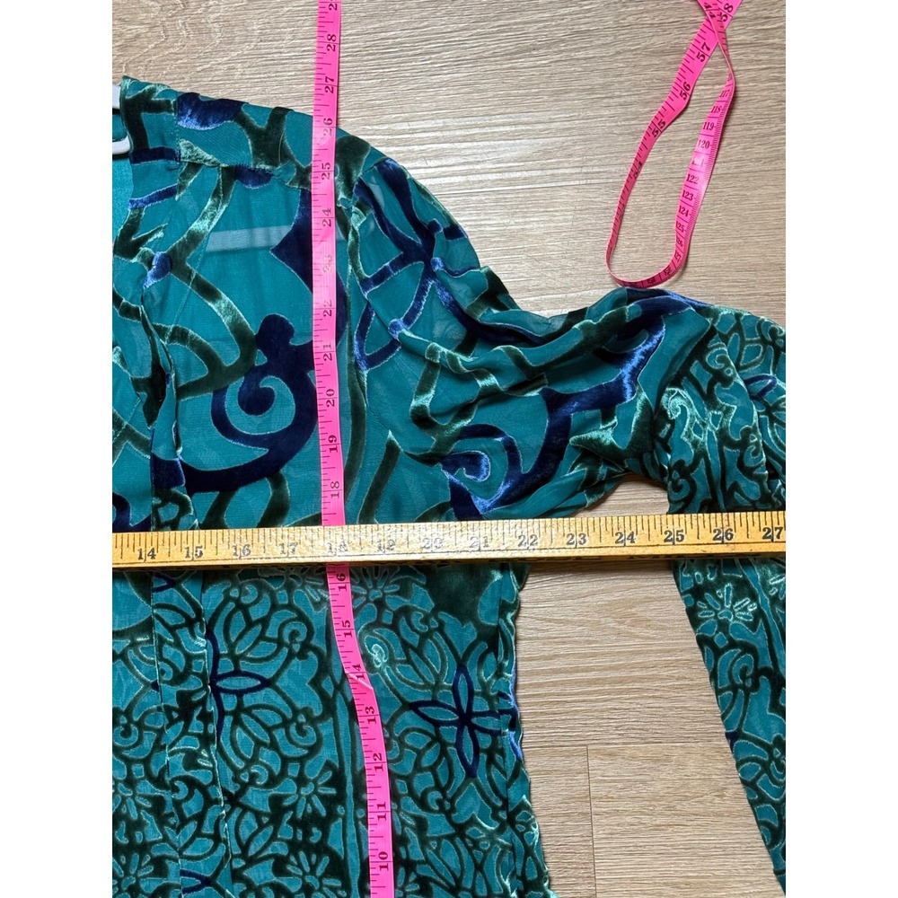 Hale Bob Velvet Burnout Teal Boho Blouse L Luxe Festival Silk Floral 2INT2981 - Picture 4 of 6